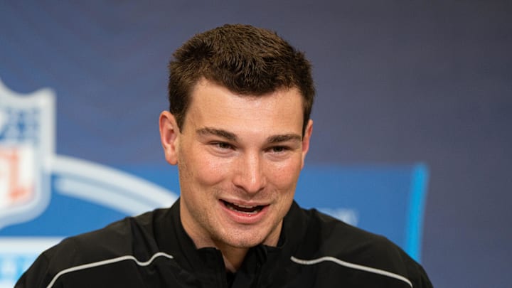 Feb 27, 2026; Indianapolis, IN, USA; Indiana quarterback Fernando Mendoza (QB11) speaks to members of the media during the NFL Combine at the Indiana Convention Center. Mandatory Credit: Jacob Musselman-Imagn Images