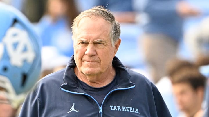 Oct 25, 2025; Chapel Hill, North Carolina, USA; North Carolina Tar Heels head coach Bill Belichick with the team before the game at Kenan Stadium. Mandatory Credit: Bob Donnan-Imagn Images
