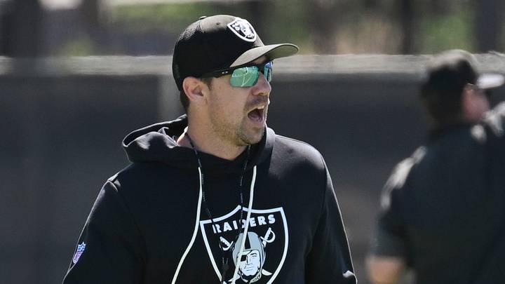 May 28, 2026; Henderson, NV, USA; Las Vegas Raiders head coach Klint Kubiak looks on during organized team activities at Intermountain Health Performance Center. Mandatory Credit: Candice Ward-Imagn Images