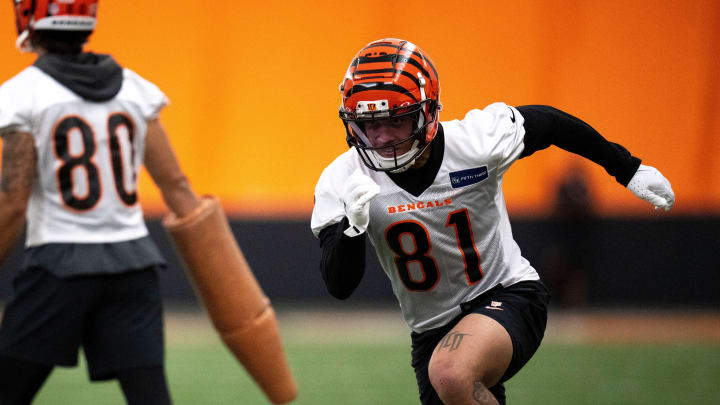 Cincinnati Bengals wide receiver Jermaine Burton (81) runs a route at Bengals spring practice at the IEL Indoor Facility in Cincinnati on Wednesday, June 12, 2024. Cincinnati Bengals wide receiver Jermaine Burton (81) runs a route at Bengals spring practice at the IEL Indoor Facility in Cincinnati on Wednesday, June 12, 2024.