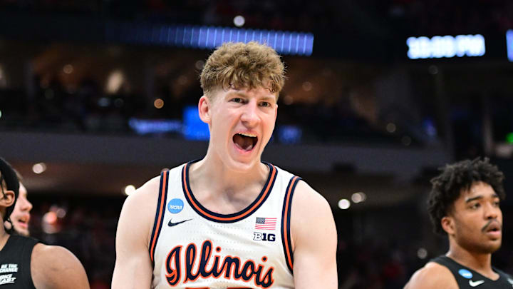 Mar 21, 2025; Milwaukee, WI, USA: Illinois Fighting Illini guard Kasparas Jakucionis (32) reacts during the second half against the Xavier Musketeers at Fiserv Forum. Mandatory Credit: Benny Sieu-Imagn Images