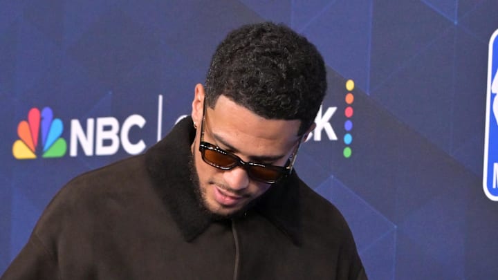 Feb 15, 2026; Los Angeles, CA, USA; Team USA Stars guard Devin Booker (1) of the Phoenix Suns on the red carpet before the 75th NBA All Star Game at Intuit Dome. Mandatory Credit: Jayne Kamin-Oncea-Imagn Images