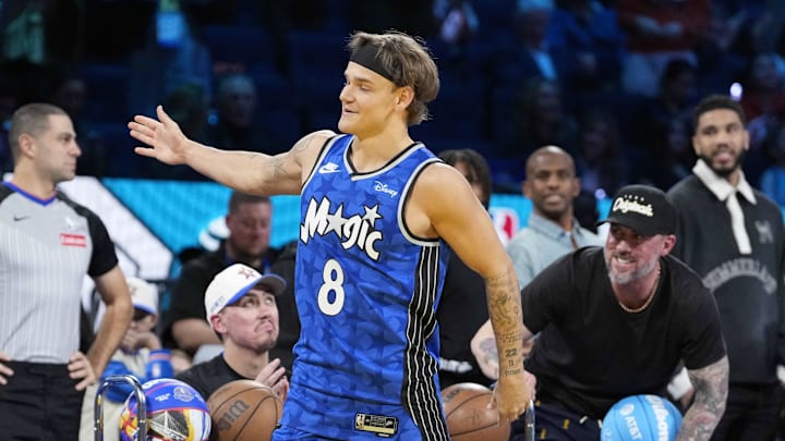 Feb 15, 2025; San Francisco, CA, USA; Osceola Magic guard Mac McClung reacts in the slam dunk competition during All Star Saturday Night ahead of the 2025 NBA All Star Game at Chase Center. Mandatory Credit: Kyle Terada-Imagn Images