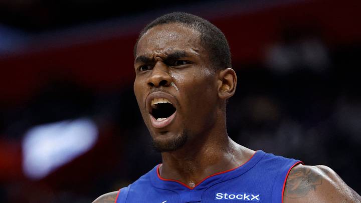 Dec 16, 2024; Detroit, Michigan, USA;  Detroit Pistons center Jalen Duren (0) reacts in the first half against the Miami Heat at Little Caesars Arena. Mandatory Credit: Rick Osentoski-Imagn Images