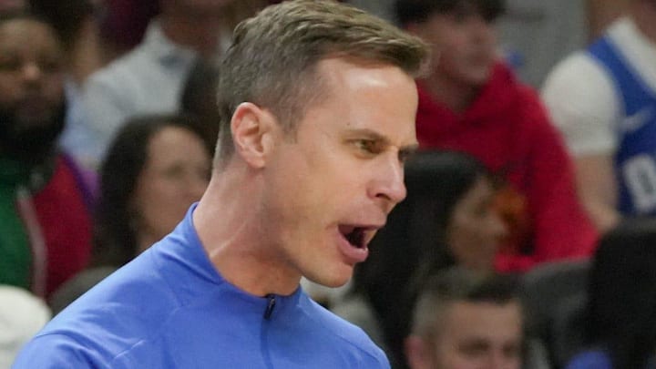Duke Blue Devils head coach Jon Scheyer talks to a referee March 21, 2026 during the NCAA Men’s Basketball Tournament second round East Region game with TCU at the Bon Secours Wellness Arena in Greenville, South Carolina.
