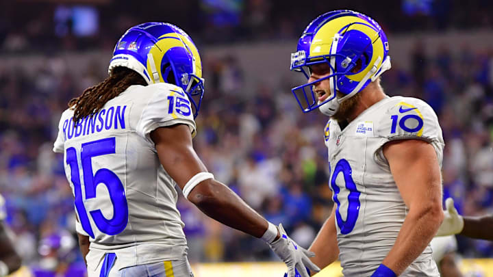 Oct 24, 2024; Inglewood, California, USA; Los Angeles Rams wide receiver Demarcus Robinson (15) celebrates his touchdown scored against the against the Minnesota Vikings with wide receiver Cooper Kupp (10) during the second half at SoFi Stadium. Mandatory Credit: Gary A. Vasquez-Imagn Images Oct 24, 2024; Inglewood, California, USA; Los Angeles Rams wide receiver Demarcus Robinson (15) celebrates his touchdown scored against the against the Minnesota Vikings with wide receiver Cooper Kupp (10) during the second half at SoFi Stadium. Mandatory Credit: Gary A. Vasquez-Imagn Images