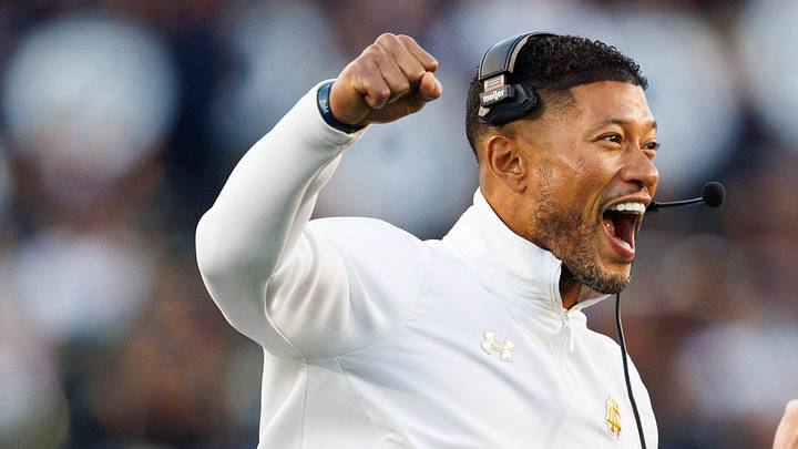 Notre Dame head coach Marcus Freeman celebrates after the defense scored a safety in the second half of a NCAA football game against NC State at Notre Dame Stadium on Saturday, Oct. 11, 2025, in South Bend.