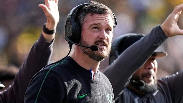Oregon head coach Dan Lanning watches a play against Michigan during the first half at Michigan Stadium in Ann Arbor on Saturday, Nov. 2, 2024.