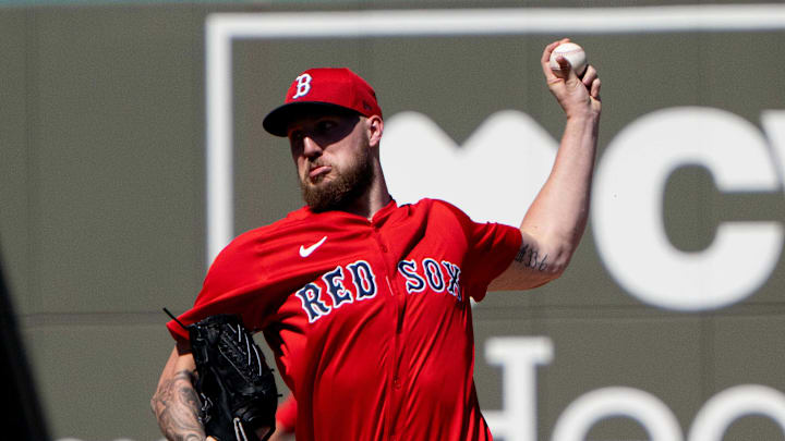 Boston Red Sox pitcher Garrett Crochet throws a pitch during Spring Training.