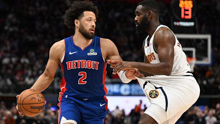 Feb 3, 2026; Detroit, Michigan, USA; Detroit Pistons guard Cade Cunningham (2) tugs on the shorts of Denver Nuggets guard Tim Hardaway Jr. (10) before trying to drive past him in the second quarter at Little Caesars Arena. Feb 3, 2026; Detroit, Michigan, USA; Detroit Pistons guard Cade Cunningham (2) tugs on the shorts of Denver Nuggets guard Tim Hardaway Jr. (10) before trying to drive past him in the second quarter at Little Caesars Arena.