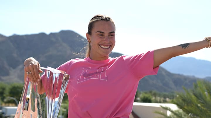 Indian Wells, CA, USA;  Aryna Sabalenka (BEL) holds the championship trophy after winning the women’s final of the BNP Paribas Open defeating Elena Rybakina (KAZ) at the Indian Wells Tennis Garden.