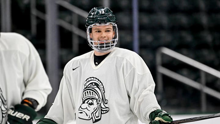 Michigan State's Tiernan Shoudy smiles during hockey practice on Thursday, Sept. 25, 2025, at Munn Arena in East Lansing.