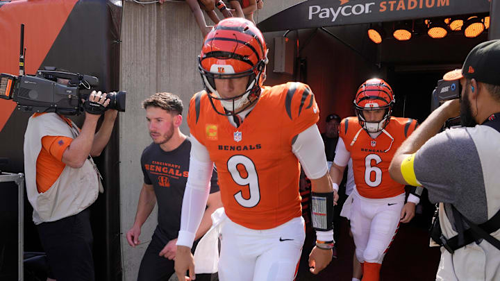 Cincinnati Bengals quarterback Joe Burrow (9) takes the field before facing the Jacksonville Jaguars in their first home game of the season at Paycor Stadium Sunday, September 14, 2025.