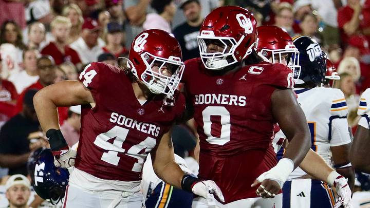 Oklahoma defensive end Taylor Wein and defensive lineman David Stone compete against UTEP. Oklahoma defensive end Taylor Wein and defensive lineman David Stone compete against UTEP.