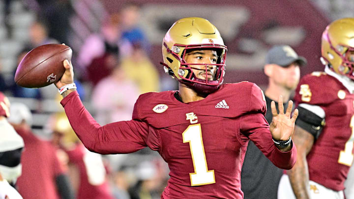 Oct 25, 2024; Chestnut Hill, Massachusetts, USA; Boston College Eagles quarterback Thomas Castellanos (1) warms up before a game against the Louisville Cardinals at Alumni Stadium. Mandatory Credit: Eric Canha-Imagn Images
