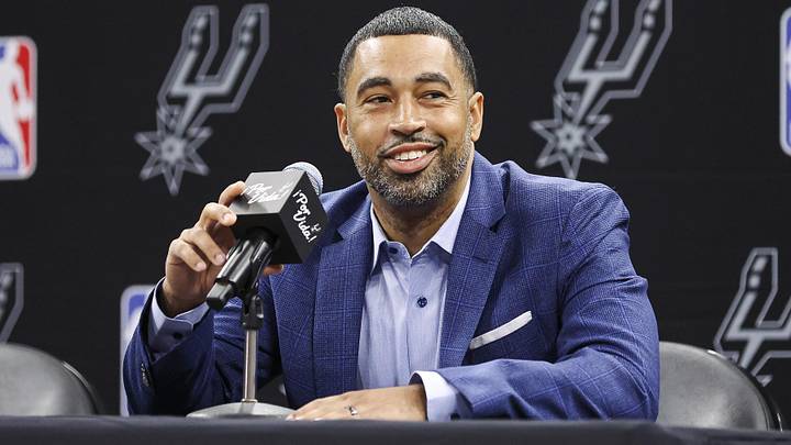 Jun 24, 2023; San Antonio, TX, USA; San Antonio Spurs general manager Brian Wright speaks at a press conference at AT&T Center. Mandatory Credit: Troy Taormina-Imagn Images