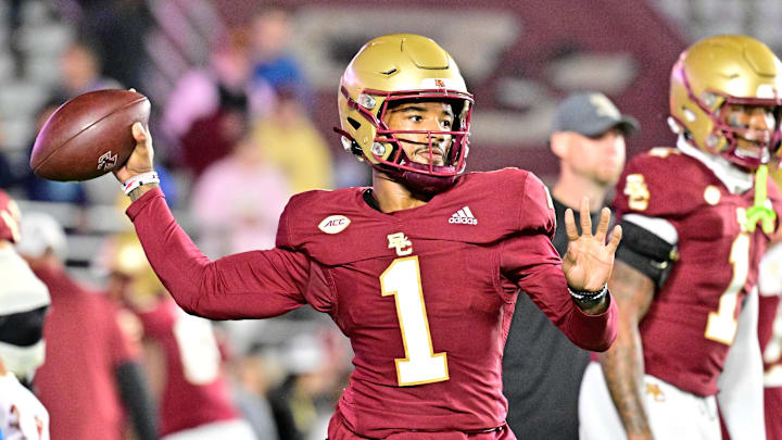 Oct 25, 2024; Chestnut Hill, Massachusetts, USA; Boston College Eagles quarterback Thomas Castellanos (1) warms up before a game against the Louisville Cardinals at Alumni Stadium. Mandatory Credit: Eric Canha-Imagn Images