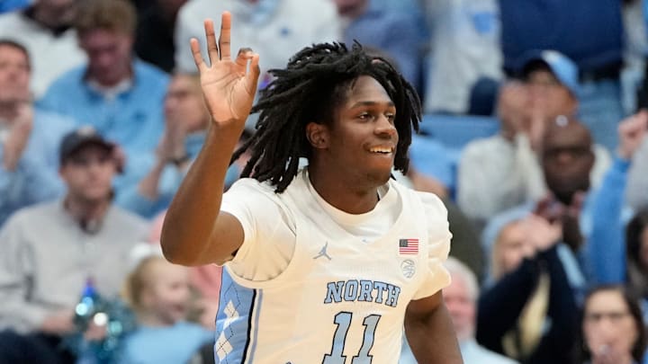 North Carolina Tar Heels guard Ian Jackson reacts to shooting a three-pointer.