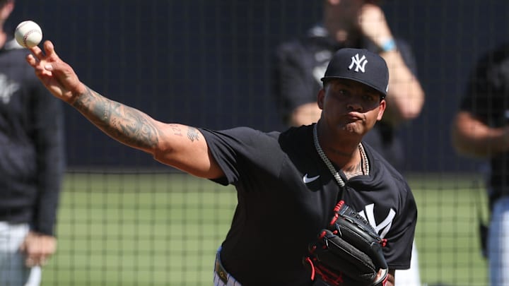 Feb 15, 2025; Tampa, FL, USA; New York Yankees starting pitcher Luis Gil (81) participates in spring training workouts at George M. Steinbrenner Field. 