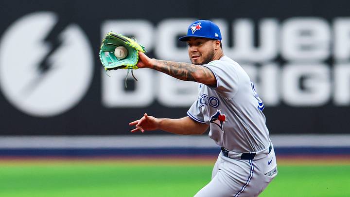 May 6, 2026; St. Petersburg, Florida, USA; =Toronto Blue Jays second baseman Lenyn Sosa (50) fields the ball against the Tampa Bay Rays in the first inning at Tropicana Field. Mandatory Credit: Nathan Ray Seebeck-Imagn Images