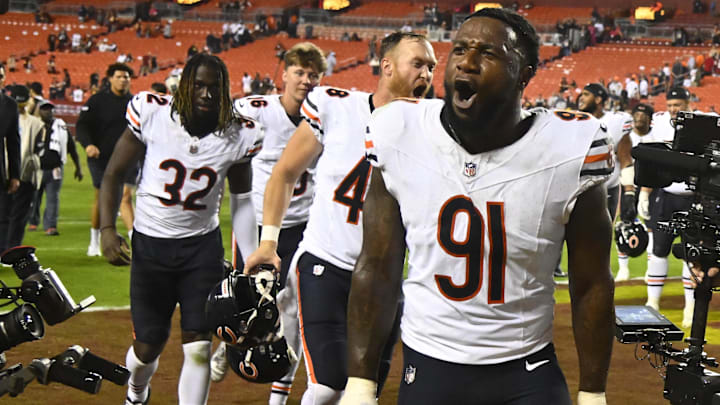 Former Chicago Bears defensive end Yannick Ngakoue (91) reacts after the game against the Washington Commanders at FedExField.
