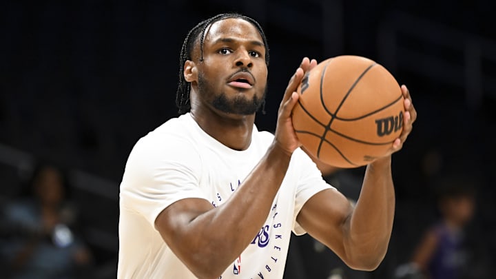 Los Angeles Lakers guard Bronny James warms up before a game.