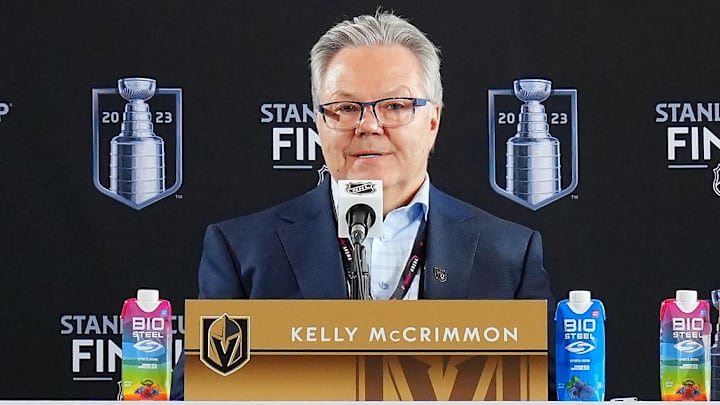 Jun 2, 2023; Las Vegas, Nevada, USA; Vegas Golden Knights general manager Kelly McCrimmon and Vegas Golden Knights head coach Bruce Cassidy take questions during media day in advance of the 2023 Stanley Cup Final. Mandatory Credit: Stephen R. Sylvanie-Imagn Images