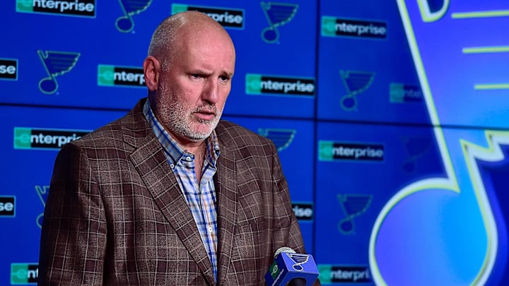 Feb 18, 2020; St. Louis, Missouri, USA;  St. Louis Blues general manager Doug Armstrong talks with the media about the acquisition of defenseman Marco Scandella from the Montreal Canadians prior to a game against the New Jersey Devils at Enterprise Center. Mandatory Credit: Jeff Curry-Imagn Images