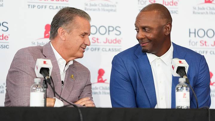 Arkansas men’s basketball head coach John Calipari and Memphis men’s basketball coach Penny Hardaway speak with each other during a press conference for the Hoops for St. Jude Tip Off Classic at FedExForum Arkansas men’s basketball head coach John Calipari and Memphis men’s basketball coach Penny Hardaway speak with each other during a press conference for the Hoops for St. Jude Tip Off Classic at FedExForum