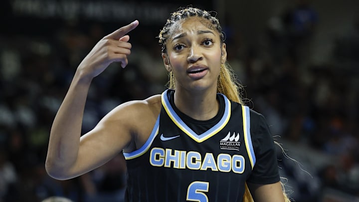 Jul 9, 2025; Chicago, Illinois, USA; Chicago Sky forward Angel Reese (5) reacts during the first half of a WNBA game against the Dallas Wings at Wintrust Arena. Mandatory Credit: Kamil Krzaczynski-Imagn Images