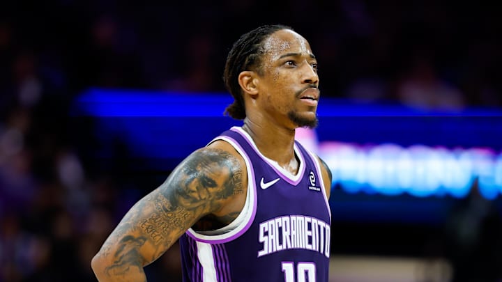 Dec 23, 2025; Sacramento, California, USA; Sacramento Kings guard DeMar DeRozan (10) looks on against the Detroit Pistons during the fourth quarter at Golden 1 Center. Dec 23, 2025; Sacramento, California, USA; Sacramento Kings guard DeMar DeRozan (10) looks on against the Detroit Pistons during the fourth quarter at Golden 1 Center.