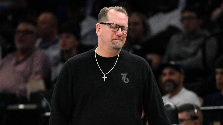 Brooklyn, New York, USA; Philadelphia 76ers head coach Nick Nurse reacts during the first half against the Brooklyn Nets at Barclays Center on October 8, 2026.