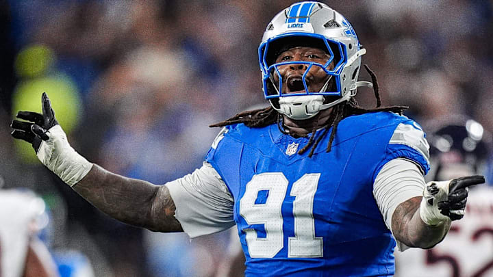Detroit Lions defensive tackle Tyleik Williams (91) celebrates a play against Chicago Bears during the second half at Ford Field in Detroit on Sunday, Sept. 14, 2025. Detroit Lions defensive tackle Tyleik Williams (91) celebrates a play against Chicago Bears during the second half at Ford Field in Detroit on Sunday, Sept. 14, 2025.
