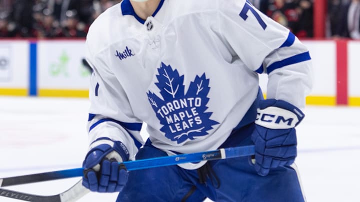 Apr 15, 2026; Ottawa, Ontario, CAN; Toronto Maple Leafs center Ryan Tverberg (77) skates in the first period against the Ottawa Senators at the Canadian Tire Centre. Mandatory Credit: Marc DesRosiers-IMAGN Images