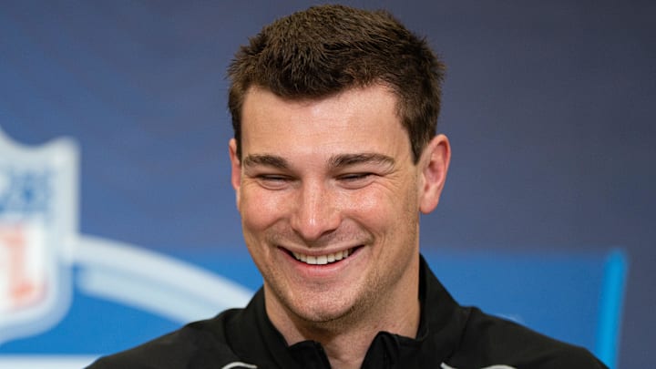 Feb 27, 2026; Indianapolis, IN, USA; Indiana quarterback Fernando Mendoza (QB11) speaks to members of the media during the NFL Combine at the Indiana Convention Center. Mandatory Credit: Jacob Musselman-Imagn Images