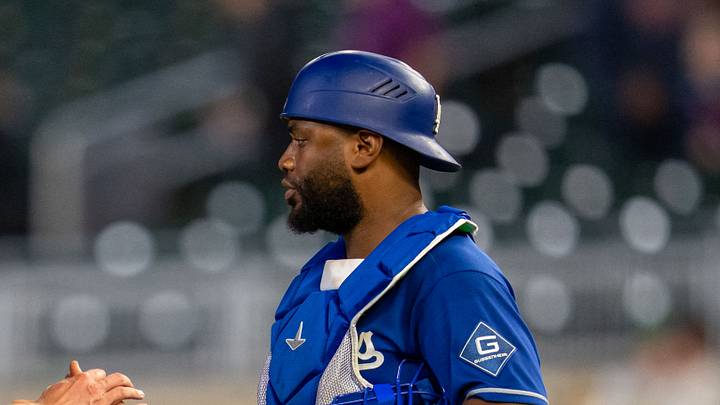 Jun 23, 2026; Minneapolis, Minnesota, USA; Los Angeles Dodgers relief pitcher Brock Stewart (41) celebrates with catcher Chuckie Robinson (52) after defeating the Minnesota Twins at Target Field. Mandatory Credit: Jesse Johnson-Imagn Images