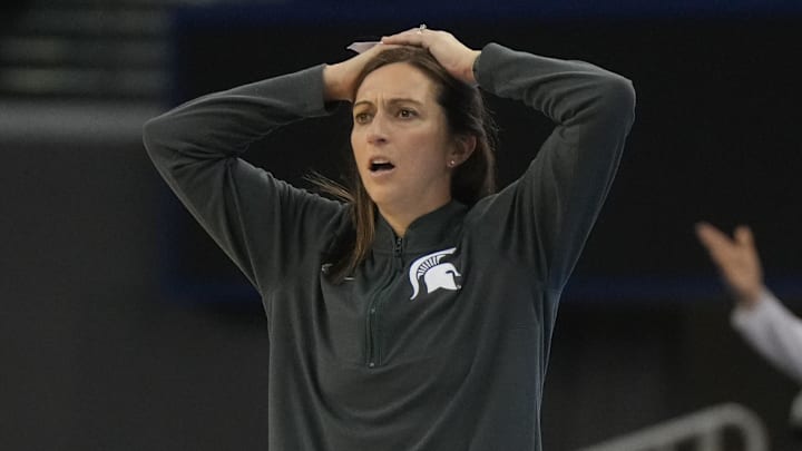 Feb 16, 2025; Los Angeles, California, USA; Michigan State Spartans head coach Robyn Fralick reacts against the UCLA Bruins in the second half at Pauley Pavilion presented by Wescom. Mandatory Credit: Kirby Lee-Imagn Images