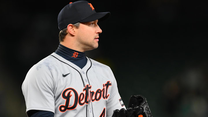 Detroit Tigers relief pitcher Tommy Kahnle (43) reacts to the final out of the ninth inning against the Seattle Mariners at T-Mobile Park.