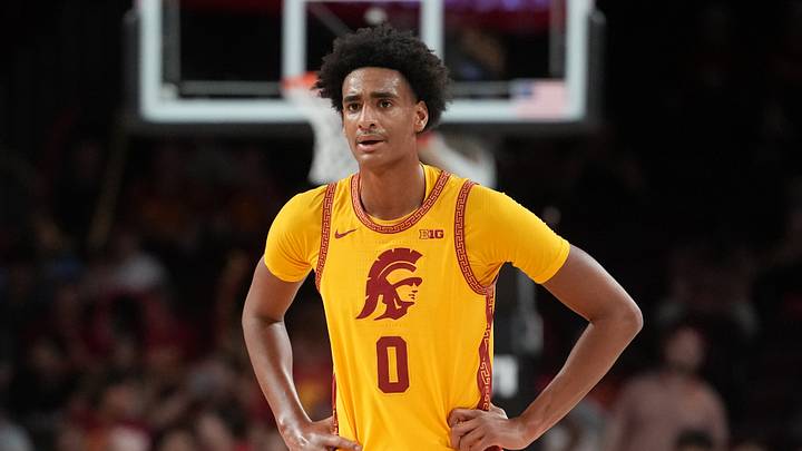 Jan 31, 2026; Los Angeles, California, USA; Southern California Trojans guard Alijah Arenas (0) reacts against the Rutgers Scarlet Knights in the second half at Galen Center. Mandatory Credit: Kirby Lee-Imagn Images Jan 31, 2026; Los Angeles, California, USA; Southern California Trojans guard Alijah Arenas (0) reacts against the Rutgers Scarlet Knights in the second half at Galen Center. Mandatory Credit: Kirby Lee-Imagn Images