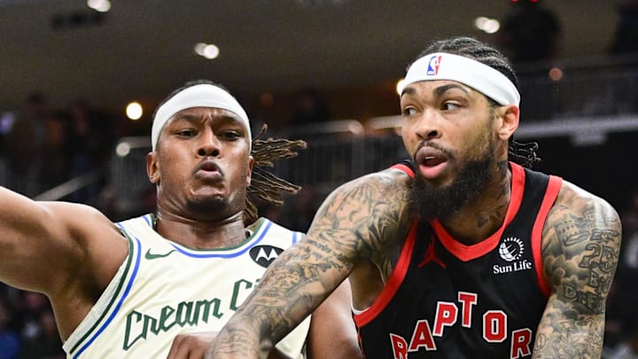 Toronto Raptors forward Brandon Ingram passes against Milwaukee Bucks center Myles Turner