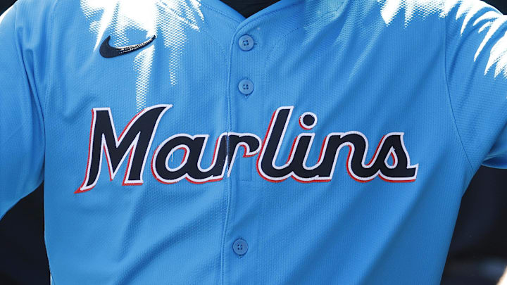 Mar 18, 2025; Jupiter, Florida, USA;  Miami Marlins shortstop Xavier Edwards (9) is congratulated in the dugout by teammates after scoring against the St' Louis Cardinals during the first inning at Roger Dean Chevrolet Stadium. Mandatory Credit: Rhona Wise-Imagn Images