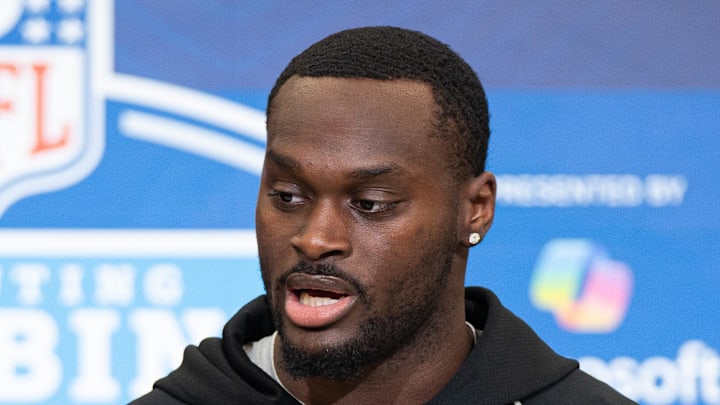 Notre Dame running back Jeremiyah Love speaks to members of the media during the NFL Combine. Notre Dame running back Jeremiyah Love speaks to members of the media during the NFL Combine.