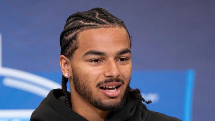 Feb 26, 2026; Indianapolis, IN, USA; Arizona defensive back Treydan Stukes (DB49) speaks to members of the media during the NFL Combine at the Indiana Convention Center. Mandatory Credit: Jacob Musselman-Imagn Images