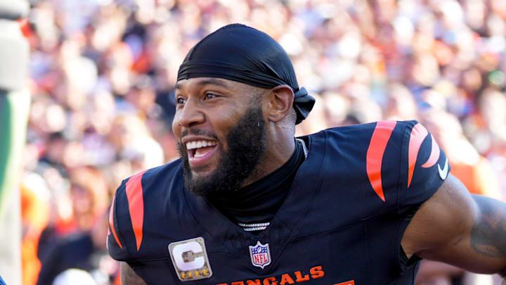 Cincinnati Bengals safety Vonn Bell (24) takes the field with his Salute to Service escort before the first quarter of the NFL Week 9 game between the Cincinnati Bengals and the Las Vegas Raiders at Paycor Stadium in downtown Cincinnati on Sunday, Nov. 3, 2024.