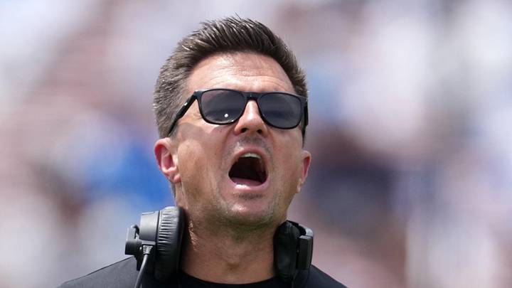 May 2, 2026; Pasadena, CA, USA; UCLA Bruins coach Bob Chesney reacts during the spring game at Rose Bowl. Mandatory Credit: Kirby Lee-Imagn Images