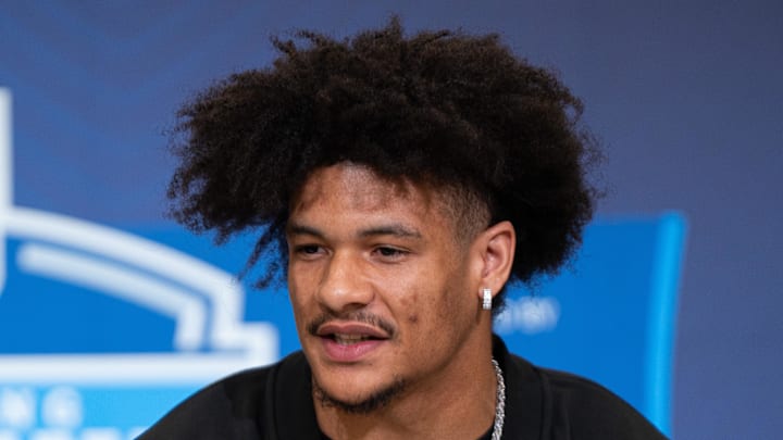 Feb 27, 2026; Indianapolis, IN, USA; Washington wideout Denzel Boston (WO08) speaks to members of the media during the NFL Combine at the Indiana Convention Center. Mandatory Credit: Jacob Musselman-Imagn Images