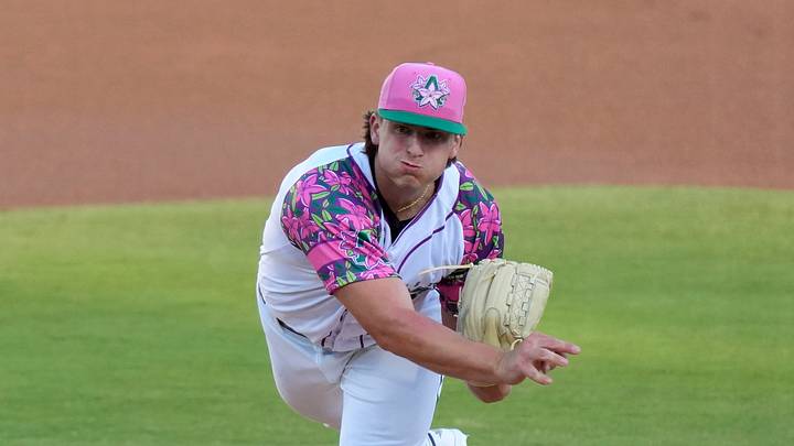 Apr 18, 2025; North Augusta, South Carolina, USA; Augusta GreenJackets Ethan Bagwell (18) pitches during the Augusta GreenJackets and Myrtle Beach baseball game at SRP Park. The Augusta GreenJackets unveiled their new Augusta Azalea uniforms. Mandatory Credit: Katie Goodale - Augusta Chronicle/USA TODAY NETWORK Apr 18, 2025; North Augusta, South Carolina, USA; Augusta GreenJackets Ethan Bagwell (18) pitches during the Augusta GreenJackets and Myrtle Beach baseball game at SRP Park. The Augusta GreenJackets unveiled their new Augusta Azalea uniforms. Mandatory Credit: Katie Goodale - Augusta Chronicle/USA TODAY NETWORK