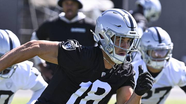 May 28, 2026; Henderson, NV, USA;  Las Vegas Raiders wide receiver Jack Bech (18) runs through a drill during organized team activities at Intermountain Health Performance Center. Mandatory Credit: Candice Ward-Imagn Images