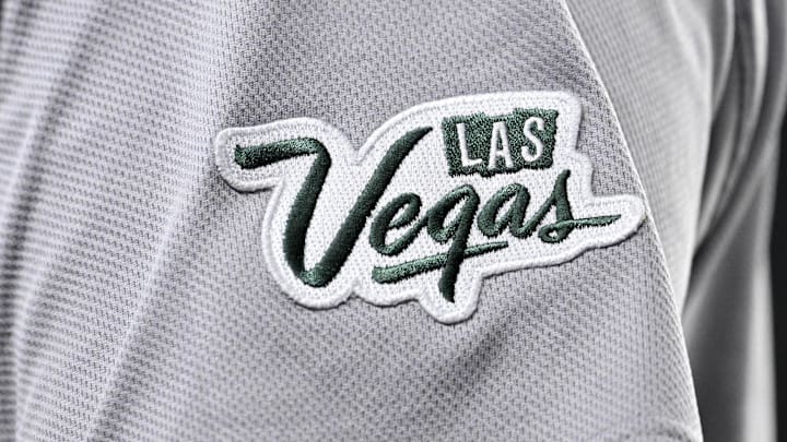 May 1, 2025; Arlington, Texas, USA; A view of the Las Vegas patch on an Athletics jersey before the game between the Texas Rangers and the Athletics at Globe Life Field. Mandatory Credit: Jerome Miron-Imagn Images May 1, 2025; Arlington, Texas, USA; A view of the Las Vegas patch on an Athletics jersey before the game between the Texas Rangers and the Athletics at Globe Life Field. Mandatory Credit: Jerome Miron-Imagn Images