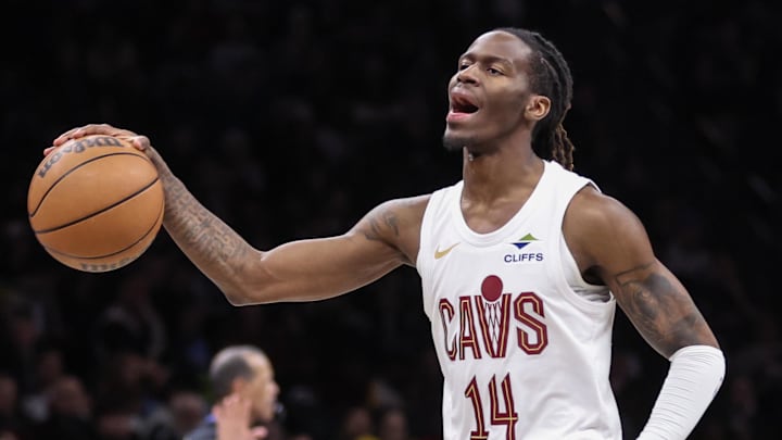Mar 1, 2026; Brooklyn, New York, USA; Cleveland Cavaliers guard Keon Ellis (14) reacts after getting called for a foul in the second quarter against the Brooklyn Nets at Barclays Center. Mandatory Credit: Wendell Cruz-Imagn Images